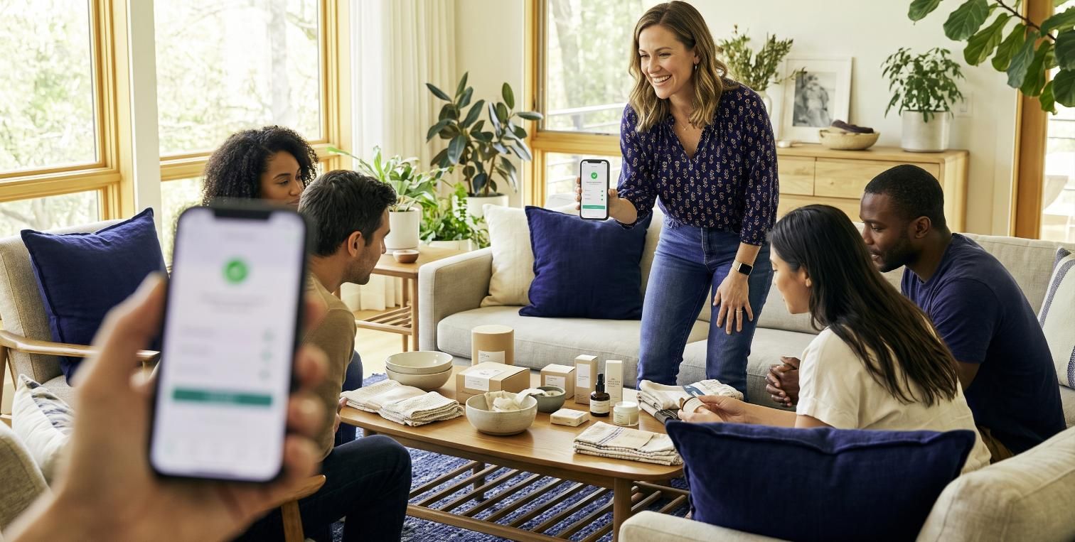 Eine Vertriebspartnerin präsentiert bei einer Homeparty Produkte, eine Bestellung wird direkt auf dem Smartphone bestätigt